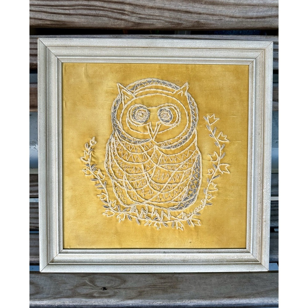 VTG MCM Owl Crewel Embroidery on Velvet Art 16x16 Framed Boho Handmade Folk Art